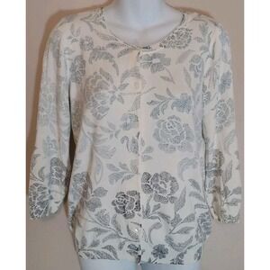 Allie & Rob Women White Blue Black Pattern 3/4 Sleeve Button Down Sweater Size M